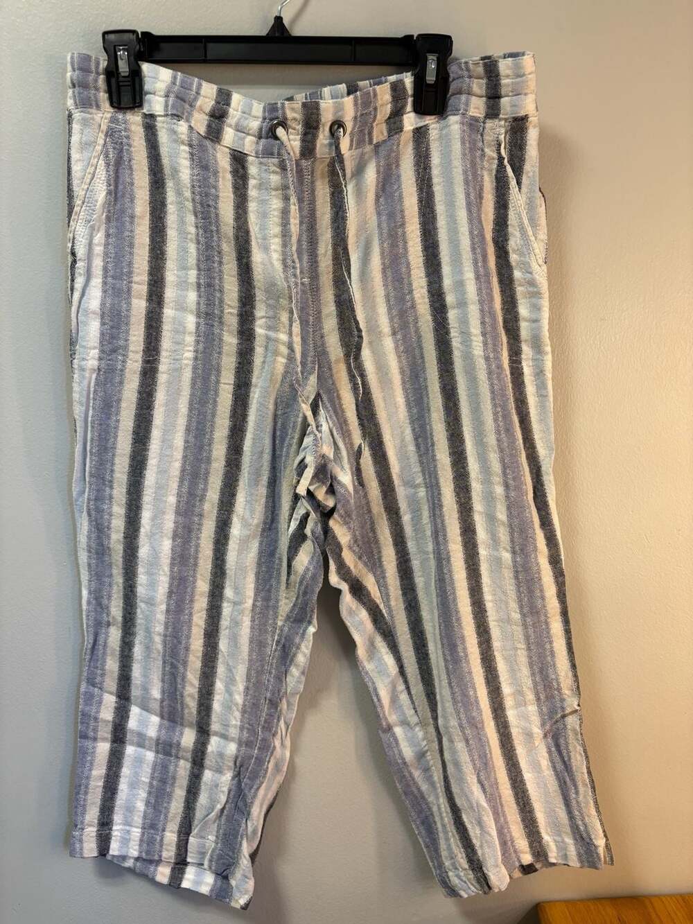 Per Se Striped Linen Pants Large Blue White Drawstring